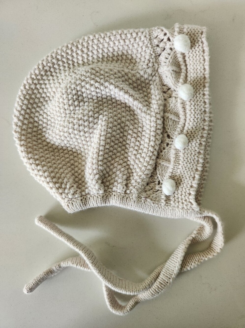 Baby Knit Bonnet Hat Cream Off-White Beige Pom Pom Ties 6-9M